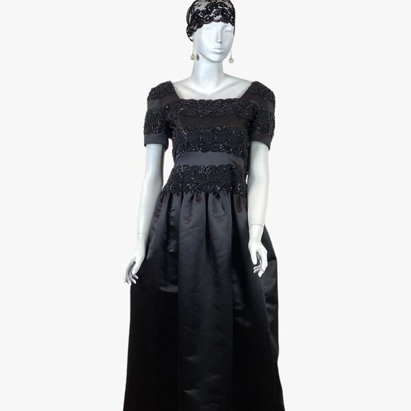Oscar De La Renta Studio Black Satin Beaded Gown Lace Bodice Maxi Dress 80s 90s - Picture 4 of 5